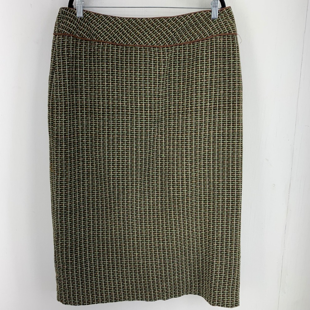 Ashley Stewart 18W Brown Green Tweed Pencil Skirt Career Midi Slit Dark Academia
